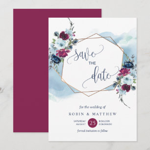 Save The Date Berry, Bourgogne et Flore bleue, Mariage élégant