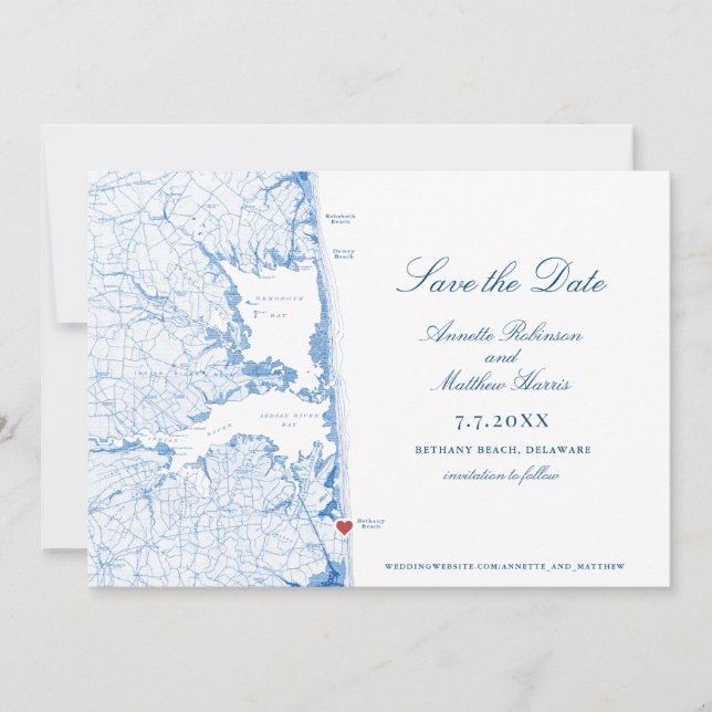Save The Date Bethany Beach Delaware Map Mariage Bleu élégant (Devant)