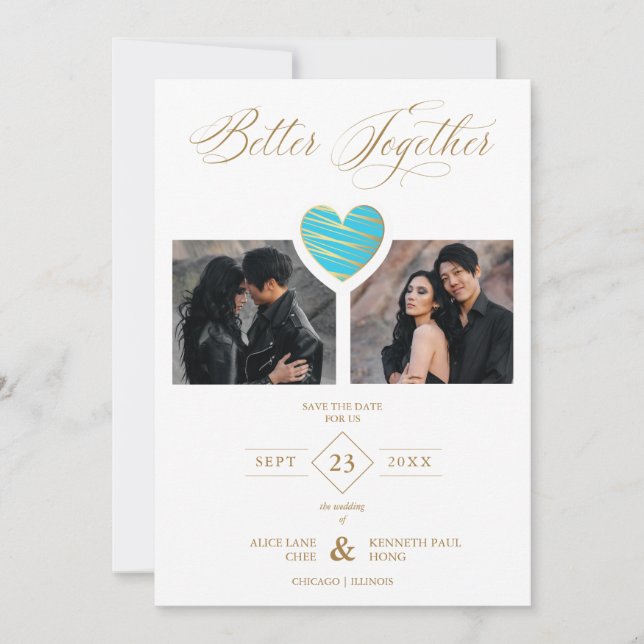 Save The Date Better Together Quote Aquamarine Heart 2 Photos (Devant)