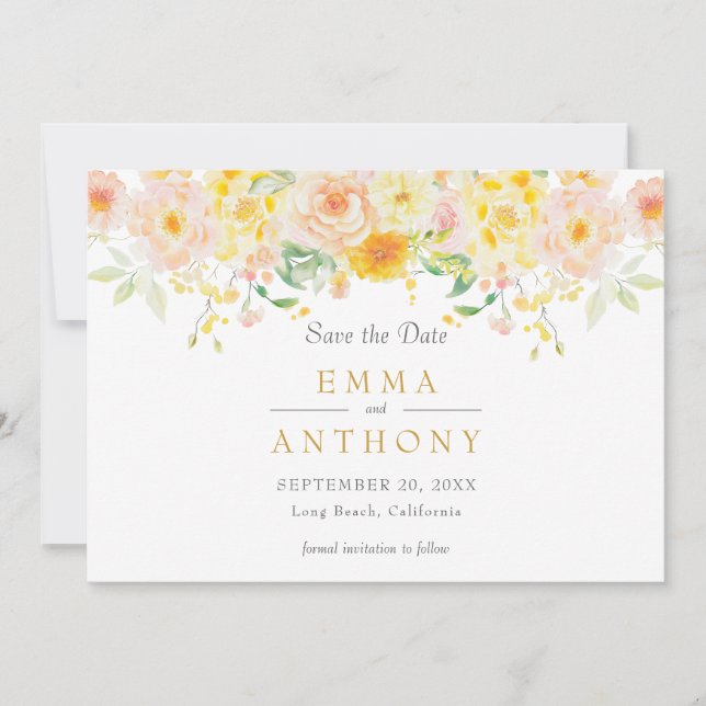 Save The Date Beurre romantique Mariage d'aquarelle florale jaun (Devant)