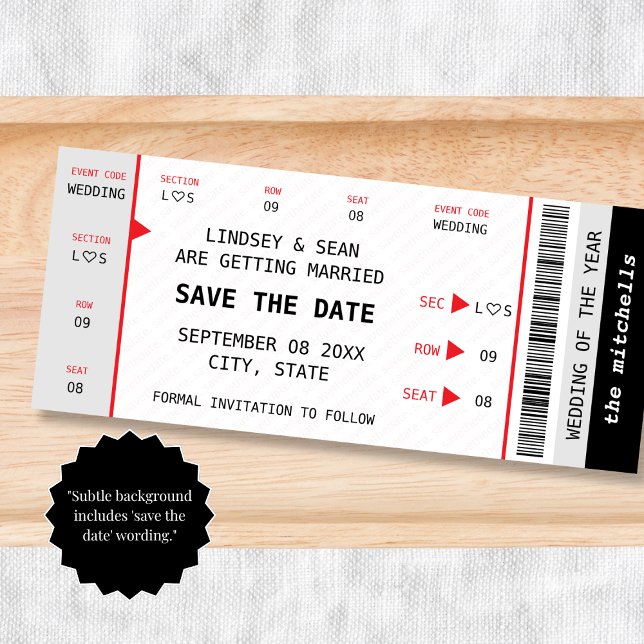 Save The Date Billet de Concert Musique Spectacle Unique Mariage (Concert Ticket Music Gig Unique Wedding Save The Date)