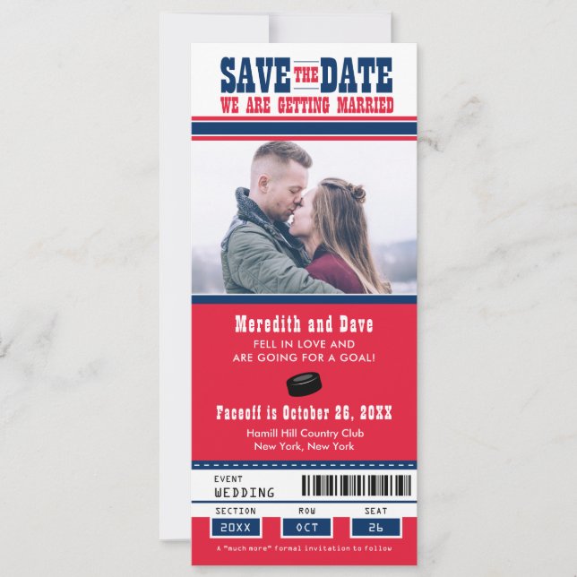 Save The Date Billet de hockey bleu rouge Mariage Enregistrer la (Devant)