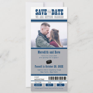 Save The Date Billet de Hockey en argent bleu Mariage Enregistre