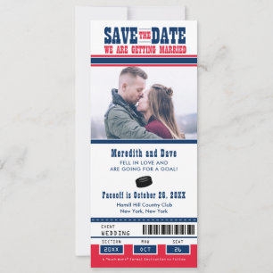 Save The Date Billet de match de hockey bleu rouge pour mariage,