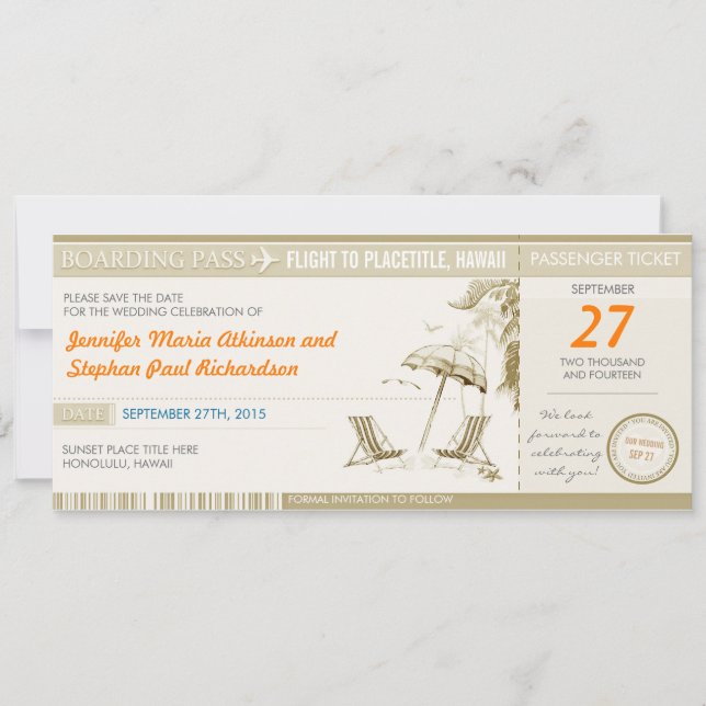 Save The Date billet d'embarquement de destination enregistrer l (Devant)