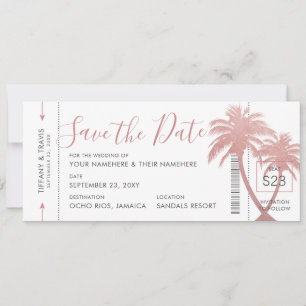 Save The Date Billet Palm Tree Boarding Pass Rose Gold Pink