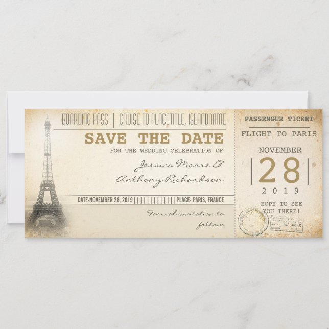 Save The Date Billets d'embarquement Paris pour enregistrer la d (Devant)
