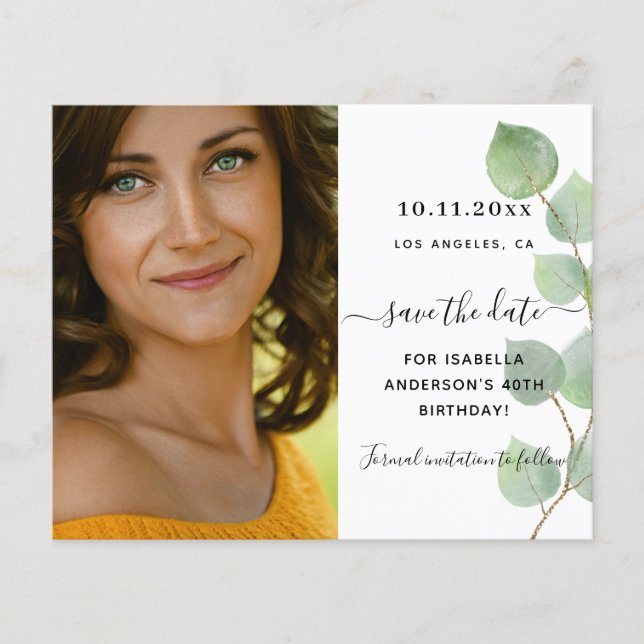 Save the date birthday eucalyptus greenery photo (Front)