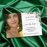 Save the date birthday eucalyptus greenery photo<br><div class="desc">A modern and elegant photo Save the Date card. A chic white background decorated with eucalyptus greenery and golden sparkles.  Personalize and add your photo,  and details.</div>