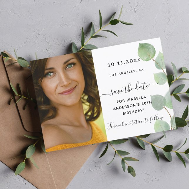 Save the date birthday eucalyptus greenery photo (Creator Uploaded)