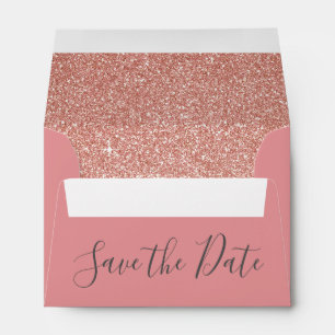 Save the Date Birthday Rose Gold Pink Glitter Envelope