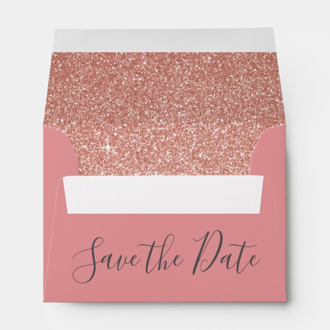 Save the Date Birthday Rose Gold Pink Glitter Envelope (Back (Bottom))