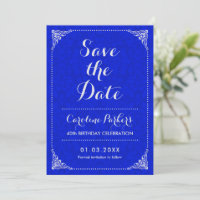 Save The Date Birthday - Silver Royal Blue Damask