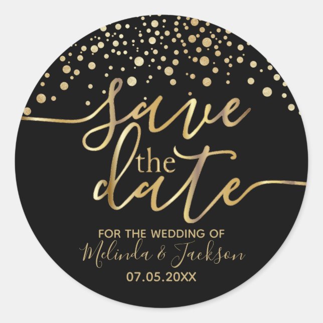 Save the Date | Black and Gold Dot Classic Round Sticker (Front)