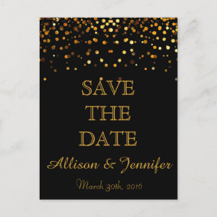 Save the date Black and Gold Glitter Faux Foil Announcement Postcard