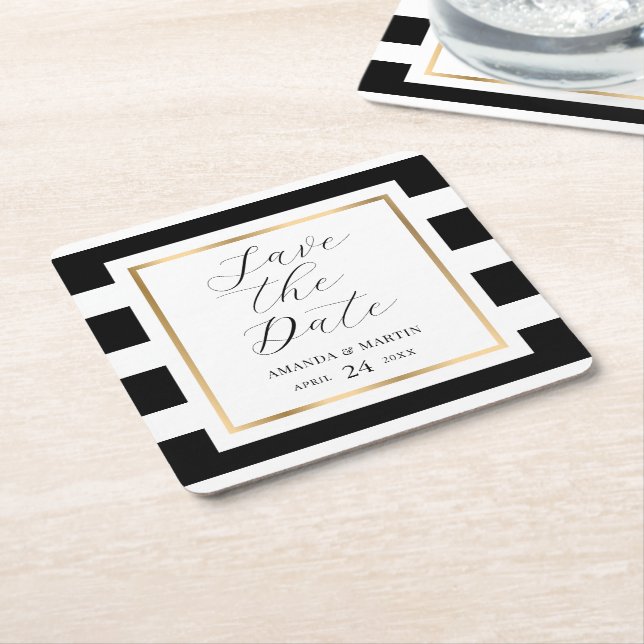 Save The Date Black and Gold Striped Wedding Square Paper Coaster (Angled)