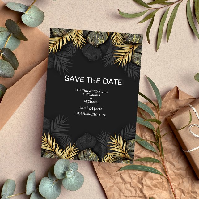 Save The Date Black and Gold Tropical Destination Wedding Enregi (Créateur téléchargé)