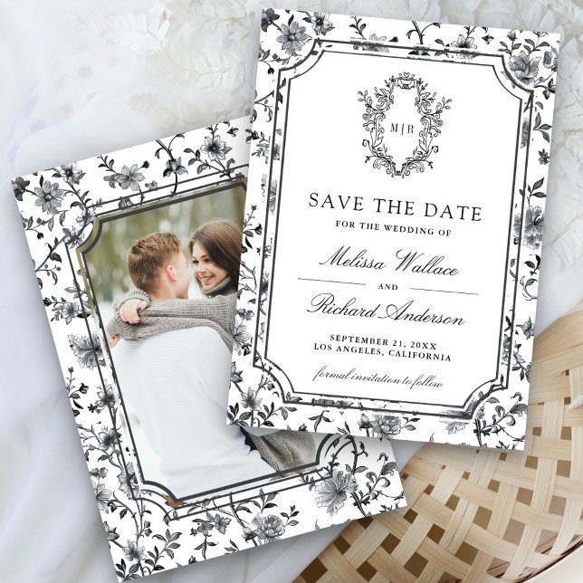Save The Date Black and White Chinoiserie Crest Photo Wedding (Créateur téléchargé)
