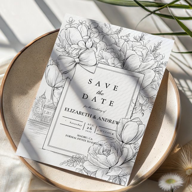 Save The Date Black and White Floral Bow Wedding (Créateur téléchargé)