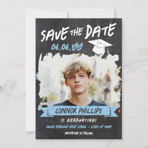 Save The Date Black Blue Cool Chalk Photo Graduation