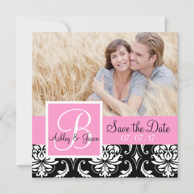 Save the Date Black Damask Monogram Names Pink (Front)