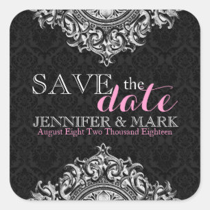 Save The Date Black Damasks & White Floral Lace Square Sticker