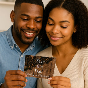 Save the Date Black Faux Lace and Wood Announcement Postcard