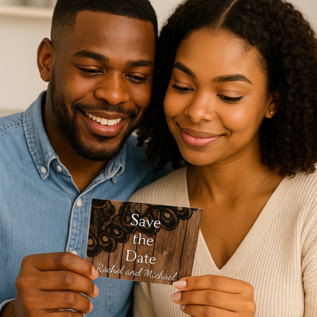Save the Date Black Faux Lace and Wood Announcement Postcard (Creator Uploaded)