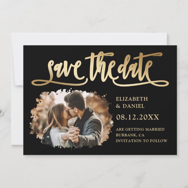 Save The Date Black Gold Calligraphy Mariage 2 Splatter Photo (Devant)