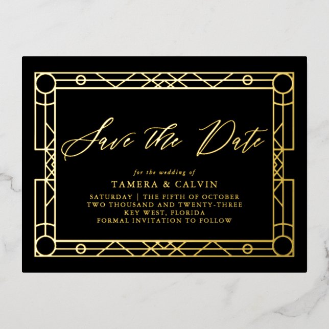 Save The Date Black Gold Decorative Frame Foil Invitation Postcard (Front)
