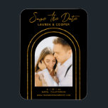 Save The Date Black Gold Stylish Art Deco Wedding Magnet<br><div class="desc">Save The Date Black Gold Stylish Script Art Deco Wedding Magnet features your favourite photo inside a golden arch on a black background. Personalize with your text by editing the text in the text boxes provided. Designed for you by ©Evco Studio www.zazzle.com/store/evcostudio</div>