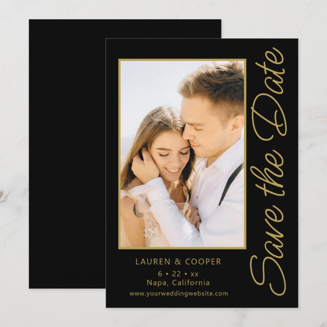 Save The Date Black Gold Stylish Modern Wedding (Front/Back)