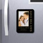 Save The Date Black Gold Stylish Modern Wedding Magnet<br><div class="desc">Save The Date Black Gold Stylish Script Modern Wedding Magnet features a black background with your custom photo. Personalize with your text by editing the text in the text boxes provided. Designed for you by ©Evco Studio www.zazzle.com/store/evcostudio</div>