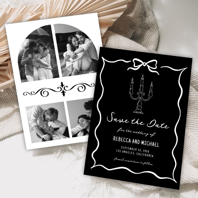 Save The Date Black Hand Drawn White Bow Photo Wedding (Créateur téléchargé)