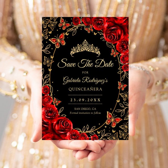 Save The Date Black Red Gold Quinceanera (Créateur téléchargé)