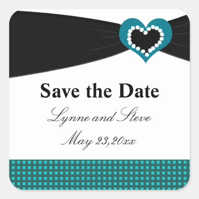 Save the Date Black Sash Teal Bow Square Sticker (Front)