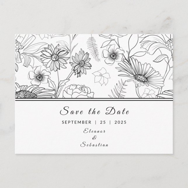"Save the Date" black & white daisy flower pattern Postcard (Front)