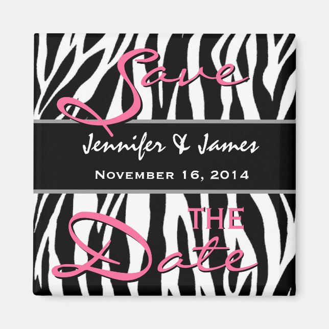Save the Date Black White Pink Zebra Print Magnet (Front)