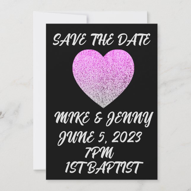 SAVE THE DATE BLACK WITH GLITTER HEART PERSONALIZE INVITATION (Front)
