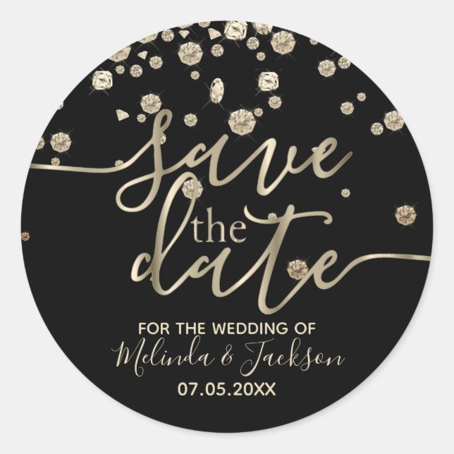 Save the Date | Black with Gold Diamonds Classic Round Sticker (Front)