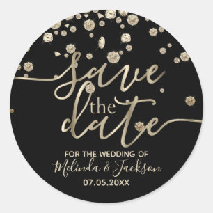 Save the Date   Black with Gold Diamonds Classic Round Sticker