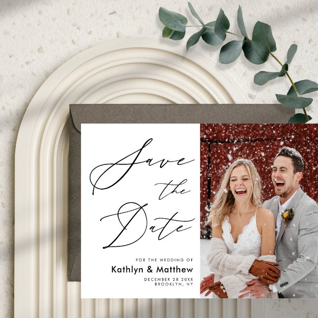 Save The Date Blanc naturel Élégant Script Mariage photo moderne (Créateur téléchargé)