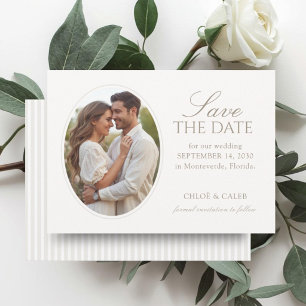 Save The Date Blanc & Sable   Photo ovale rayé Enregistrer maria