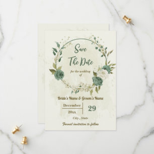 Save The Date blanc & sauge vert fleurs mariage botanique