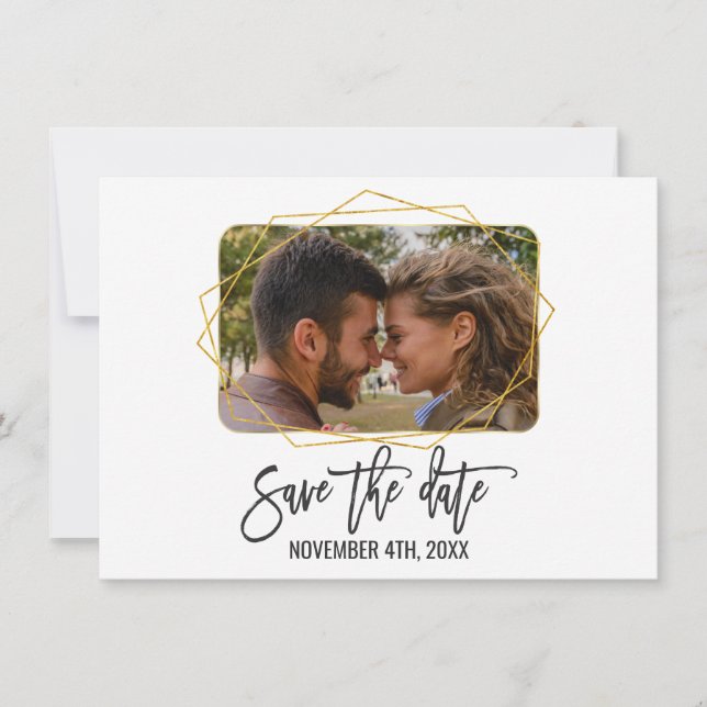 Save The Date Blanc Vert Floral Gold Frame Photo Enregistrer La  (Devant)