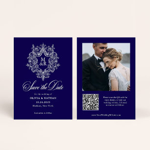 Save The Date Blason Antique Formel Bleu Foncé Photo et Code Q