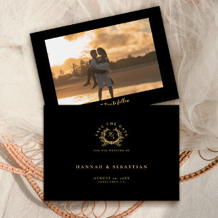 Save The Date Blason Botanique de Monogramme Or Noir Élégant