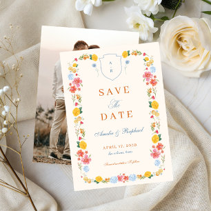 Save The Date Blason de monogramme d'arche florale romantique po