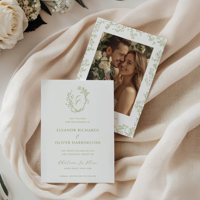 Save The Date Blason de monogramme floral en ligne d'olive pour  (Créateur téléchargé)
