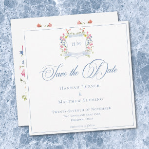 Save The Date Blason Élégant de Fleurs Sauvages au Bleu Pâle Pou
